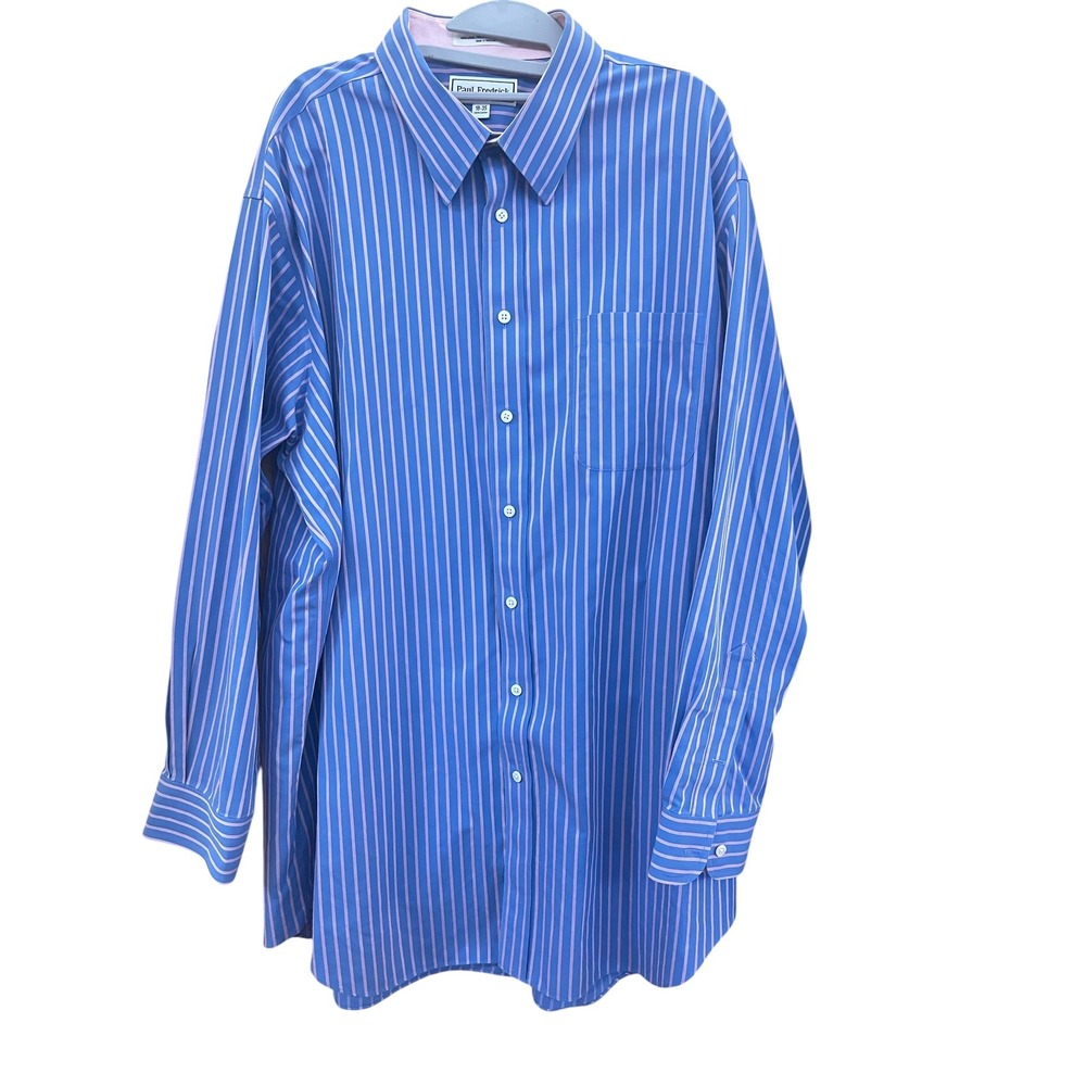 Paul Fredrick Mens Blue Pink Striped Non-Iron Cotton Dobby Dress Shirt 18-35